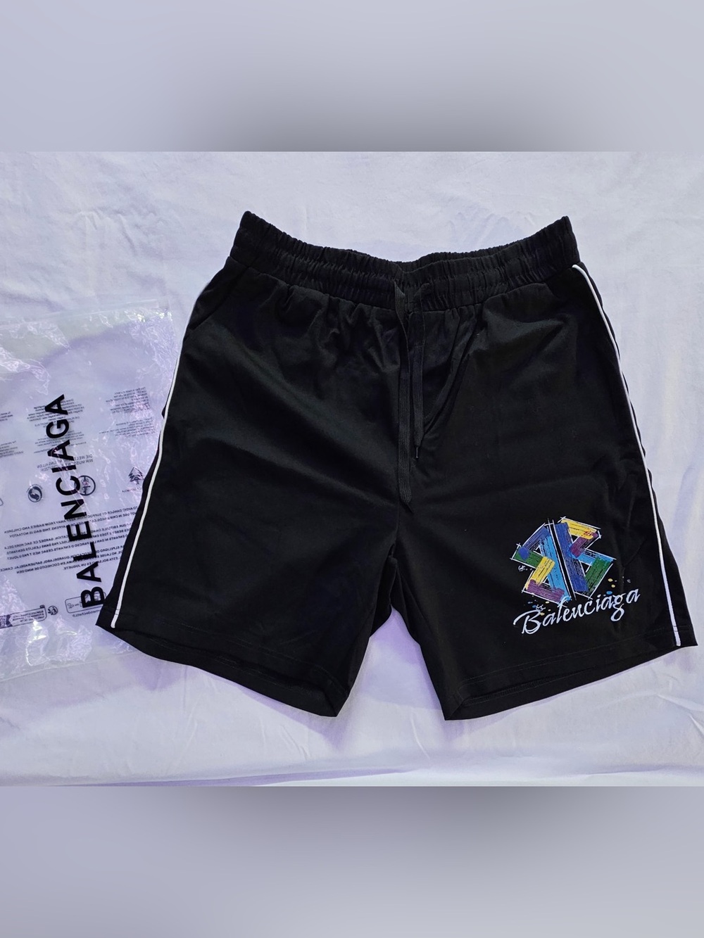Balenciaga Black Athletic Shorts with Multicolor Logo